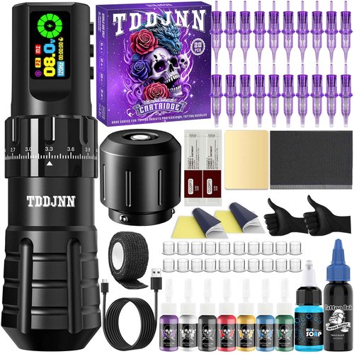 Complete Tattoo Machine Kit with TDDJNN Wireless Rotary Tattoo Pen/Gun 1800mAh LED Battery 7 Strokes Length Normal/Stippling Modes RCA Adapter 20 Cartridge Needles for Pro Artists & Beginners (BLACk)