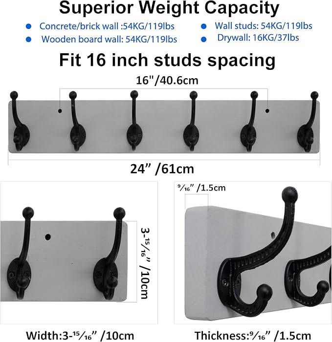 WEBI Rustic Coat Rack Wall Mount,24" Long 6 Cast Iron Coat Hooks Wall Mounted,Heavy Duty Wood Wall Coat Hanger Hooks for Hanging Coats,Jacket,Clothes,Backpack,Farmhouse,Gray