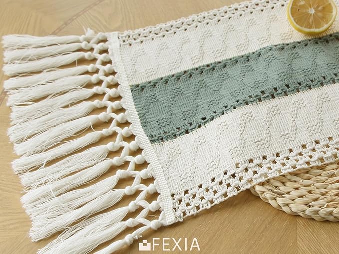 FEXIA Sage Green Table Runner 36 Inches Long with Tassels Boho for Summer Home Decor Rustic Macrame Farmhouse Table Cover for Wedding Party Bohemian Bridal Shower Dining Decorations(12x36 Inches)