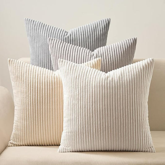 Topfinel 4 Packs Neutral Decorative Throw Pillows Covers 26x26 Inch for Living Room Couch Bed Sofa, Rustic Farmhouse Boho Neutral Home Decor, Soft Plush Striped Corduroy Square Cushion Case 65x65 cm