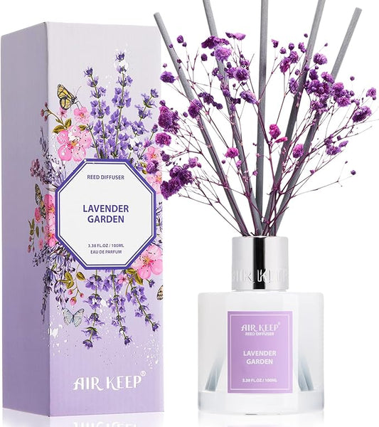 Airkeep Reed Diffuser Set,3.38 fl oz (100 ml) - Lavender Garden Oil Diffusers with 8 Reed Sticks, Home Fragrance Reed Diffuser for Bathroom Shelf Decor