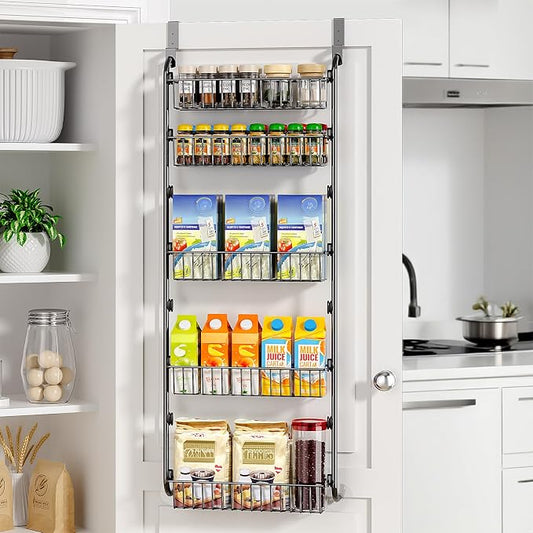 Delamu Over The Door Pantry Organizer, 5-Tier Pantry Door Organizers and Storage with Adjustable Basket, Metal Hanging Spice Rack, Seasoning Organizer, Door Organizer for Home Kitchen Bathroom, Black