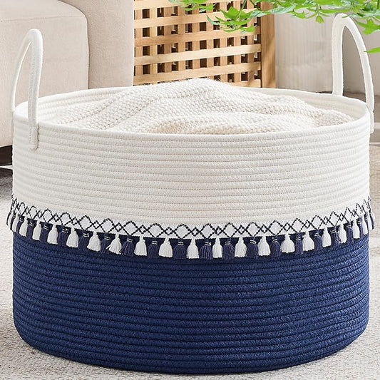 KAKAMAY Cotton Rope Storage Basket (20"x13"),Woven Hamper for Blankets,Toys,Pillows,Clothes,Laundry,Sturdy Handles Decorative Basket for Living Room, Bedroom,Nursery(Blue/Blue Fringe)