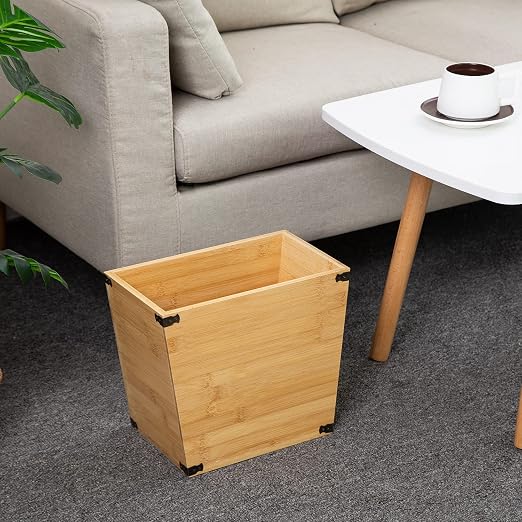 Grey Farmhouse Style Torched Wood Trash Can Waste Bin with Decorative Metal Brackets Trash Can for Bedroom,Living Room, Bathroom & Office (Bamboo Color)