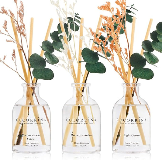 COCORRÍNA Eucalyptus Reed Diffuser Set of 3 - Light Cotton, Mediterranean Citrus, Moroccan Amber Scents, 1.7 fl oz Each, Total 5.1 oz, Scented Oil Diffusers for Home & Office