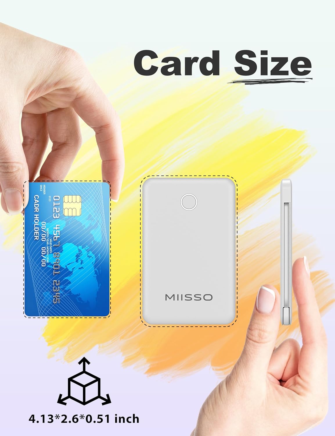 miisso 6000mah Ultra Slim Built in Cables Power Bank, Card Size Built in USB C Cords Battery Pack Portable Charger for Phones, 3 Output External Battery Pack Compatible with iPhone, Snow White