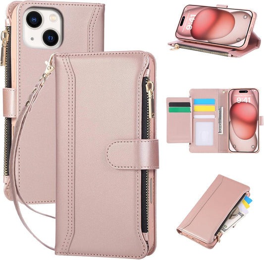Compatible with iPhone 13/14 Wallet Phone Case-PU Leather Magnetic Flip Cover with Credit Card Slots,Zipper Pocket & Detachable Wrist Strap,Shockproof Design,for Women and Men-Pink