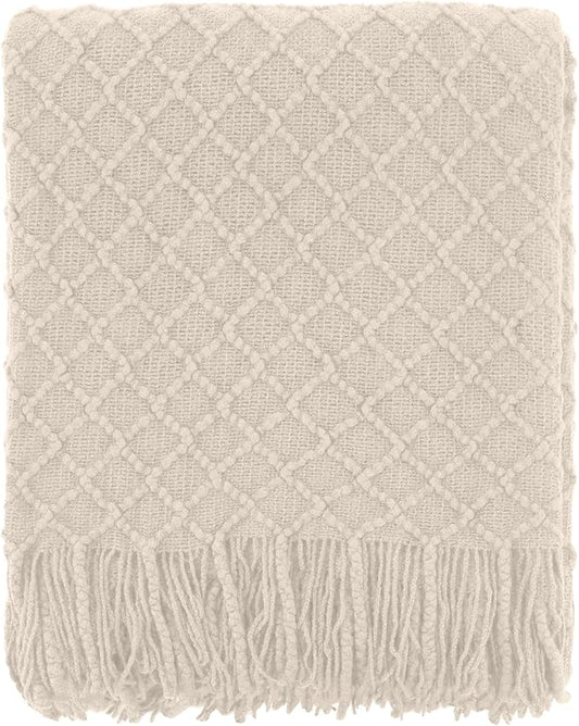CREVENT Farmhouse Boho Knitted Throw Blanket for Couch Sofa Chair Bed Home Decoration, Soft Warm Cozy Light Weight for Spring Summer Fall (60''X80'' Beige)