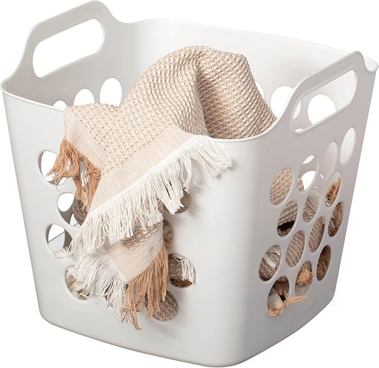 Flexible Plastic Laundry Basket - Square Storage Hamper with Side Handles for Easy Carrying - Versatile Organizer for Laundry, and Household Storage, 28 Litter White
