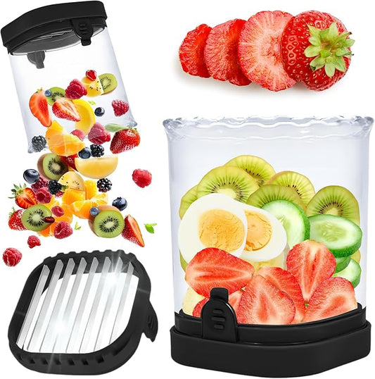 Strawberry Slicer Cup with Push Plate, Fruit Cutter Kitchen Gadget for Egg, Kiwi, Banana, Cucumber, Easy Fruit & Vegetable Slicer, Strawberry Cutter Tool for Quick Safe Cutting (Black)