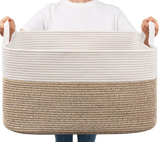 Goodpick Large Woven Blanket Basket, 21.6" x 14.9" x 11.8" Storage Baskets for Organizing, Rectangle Cotton Rope Toy Basket for Living Room, Bedroom, White & Brown