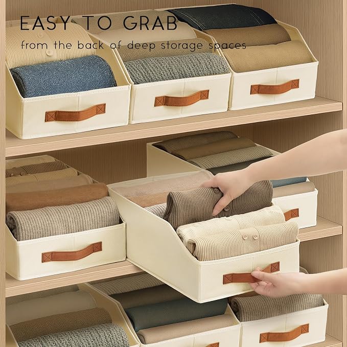Homsorout Fabric Storage Bins for Organizing - 8 Pack Large Trapezoid Collapsible Storage Bins with Front Handle, Closet Organizers and Storage for Bedroom, Home Shelves, Small Spaces, Beige