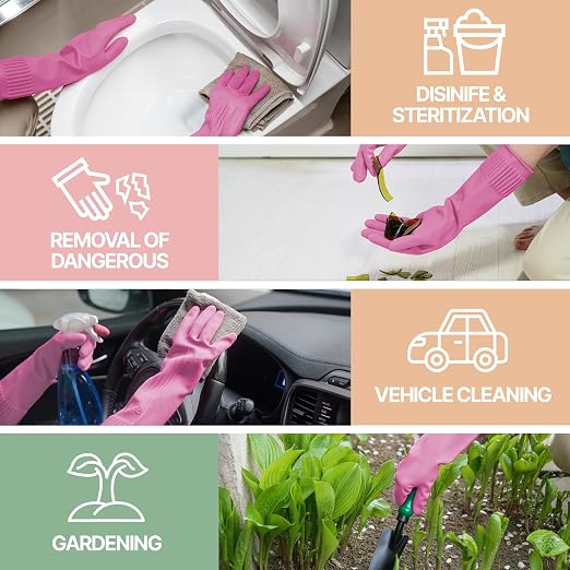 DABOGOSA Mamison 2 Pairs Reusable Waterproof Household Dishwashing Cleaning Rubber Gloves, Non-Slip Kitchen Glove (Pink, XL (Pack of 3))