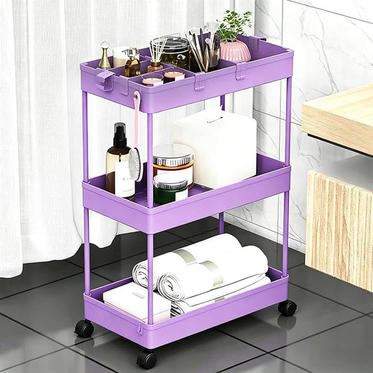 SPACELEAD Slim Storage Cart 3 Tier,Bathroom Organizer Rolling Utility,Mobile Shelving Unit Slide Out for Office, Kitchen, Laundry Room & Narrow Places,Purple