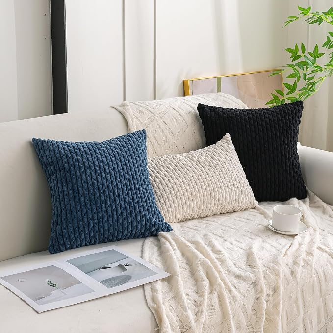 Set of 4 Black Decorative Throw Pillow Covers 22x22 Inch Corduroy Pillow Covers for Bed Couch Sofa Living Room Soft Square Cushion Cases