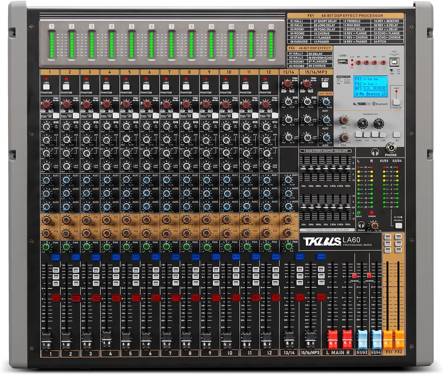 Digital Mixer 16 Channel,Sound Board Mixing Console, Dual DSP Reverb, Dual 7-Band EQ, 48V Phantom Power, 4 Group Stereo Output Input, PAD