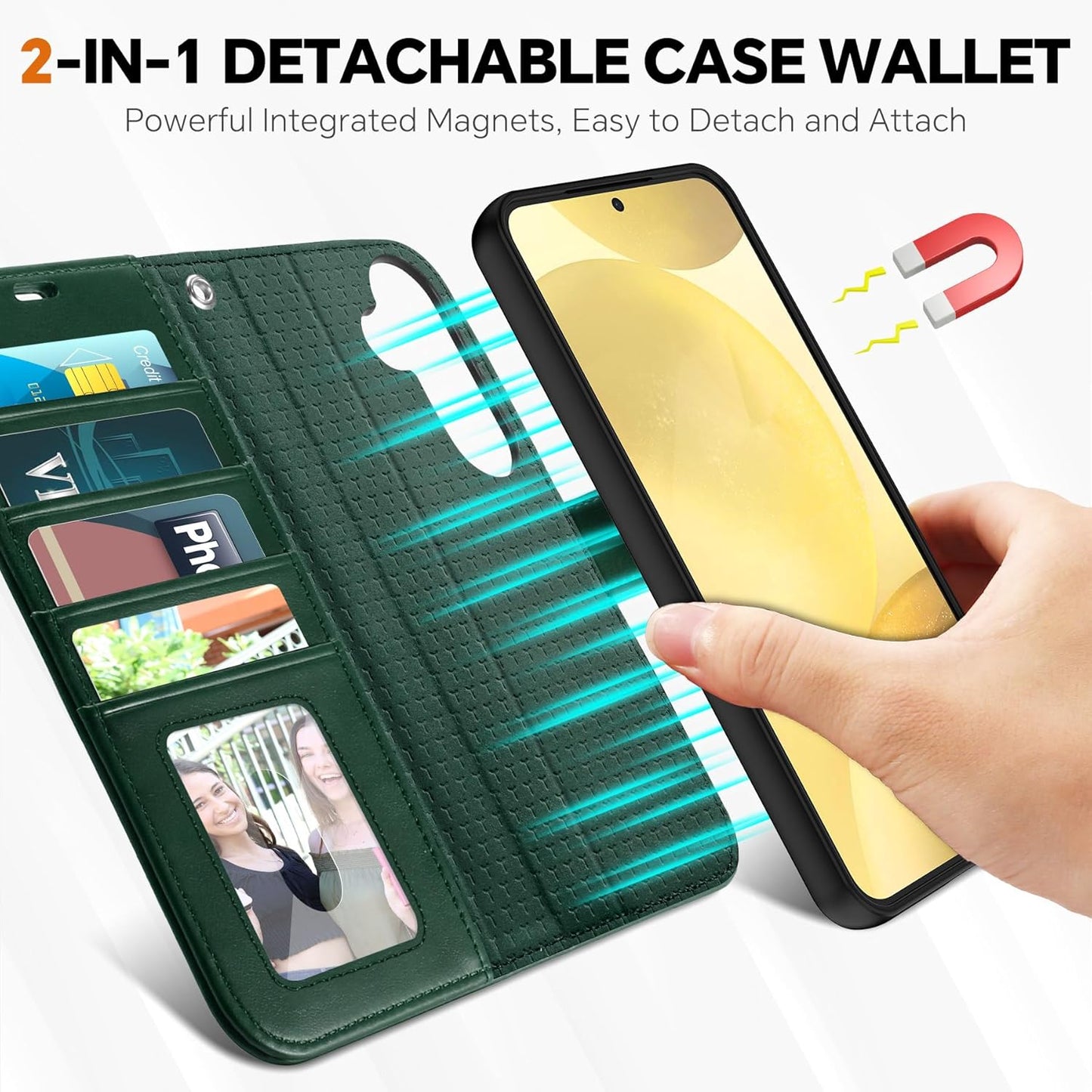 TUCCH Wallet Case for Galaxy S25 Plus, [Removable] 2 in 1 [Wireless Charging] Wrist Strap RFID Blocking [4 Card Holder] PU Leather Stand Cover, Magnetic Detachable Folio for Galaxy S25 Plus, Evergreen