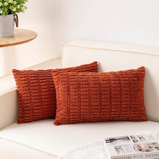 Aegero Pack of 2 Corduroy Decorative Throw Pillow Covers 12x24 Inch Soft Striped Pillow Covers Modern Farmhouse Home Decor for Sofa Living Room Couch Bed（Rust）