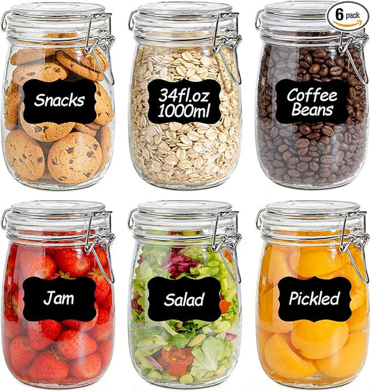 34oz 6 Pack Glass Jars with Airtight Lids - Round Food Storage Canisters for Pantry Organization, Ideal for Sugar, Cookies, Candy, Coffee, Nuts & Dry Goods | Thick Glass,BPA-Free