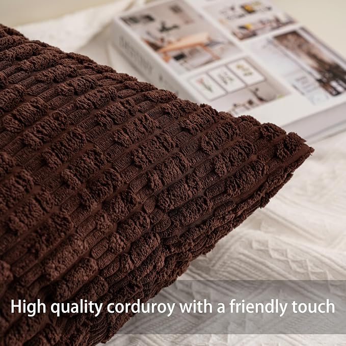 Aegero Pack of 2 Corduroy Decorative Throw Pillow Covers 18x18 InchSoft Boho Striped Pillow Covers Modern Farmhouse Home Decor for Sofa Living Room Couch Bed（Dark Brown）