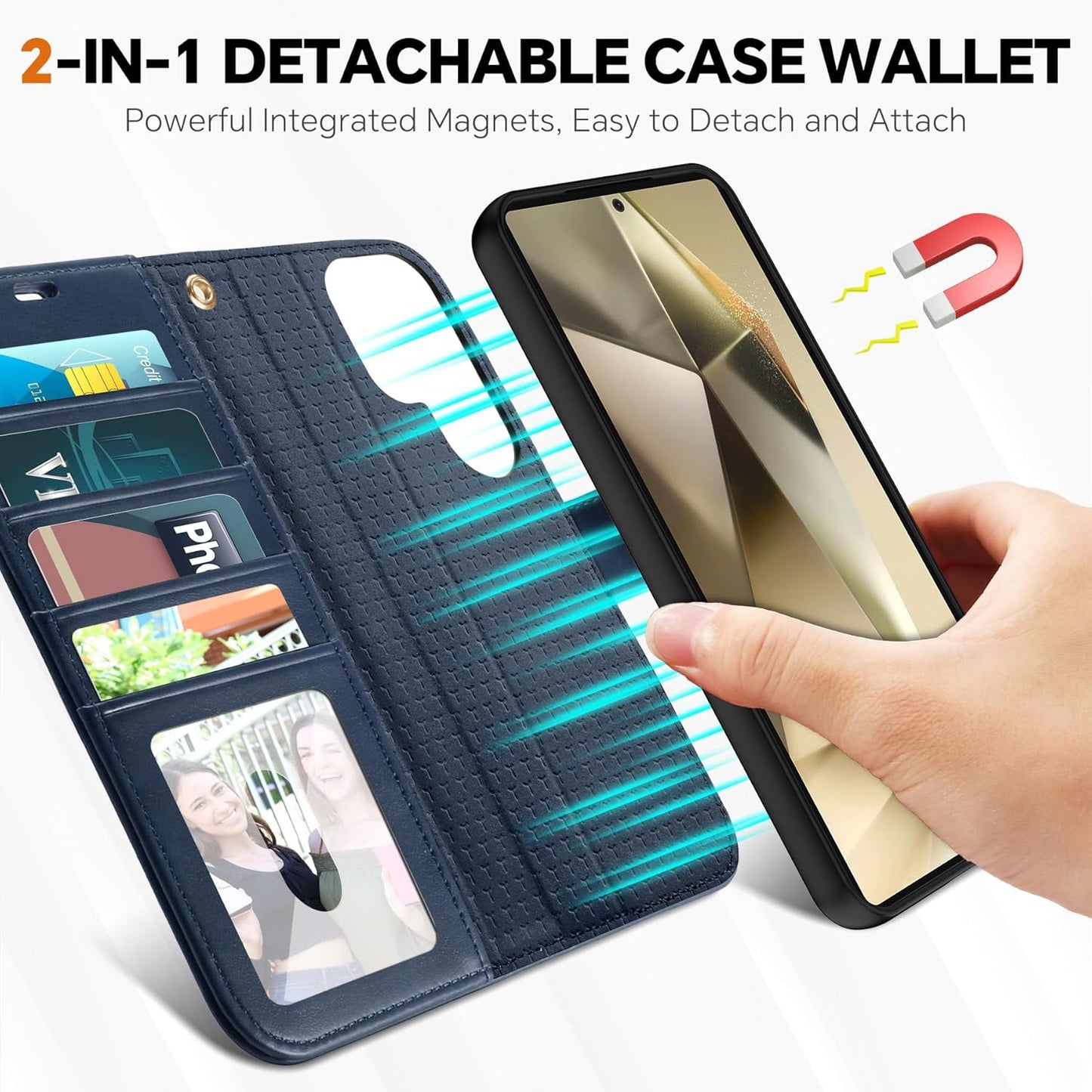 TUCCH Case for Galaxy S25 Ultra, [Detachable] 2 in1 Magnetic PU Leather Wallet with Wrist Strap RFID Blocking [Wireless Charging] 4 Card Slot Kickstand Removable Cover for Galaxy S25 Ultra, Dark Blue