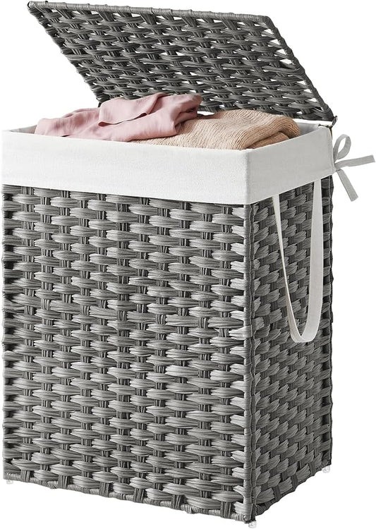 SONGMICS HOME Laundry Hamper with Lid, Clothes Basket with Removable Liner and Handles, 23.8 Gallon, Foldable Narrow Laundry Organizer for Bathroom, Bedroom, Gray