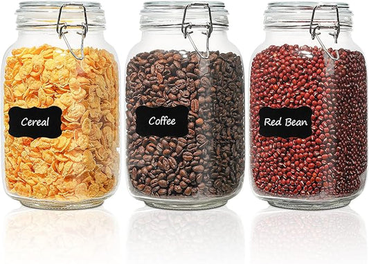 ComSaf Set of 3 Square Glass Jars with Airtight Lids (51 Oz) — Wire Clamp Canisters for Small-Batch Pickling, Kimchi, Bulk Dry Food, Wide Mouth Space Saving Kitchen Pantry Organization Jars