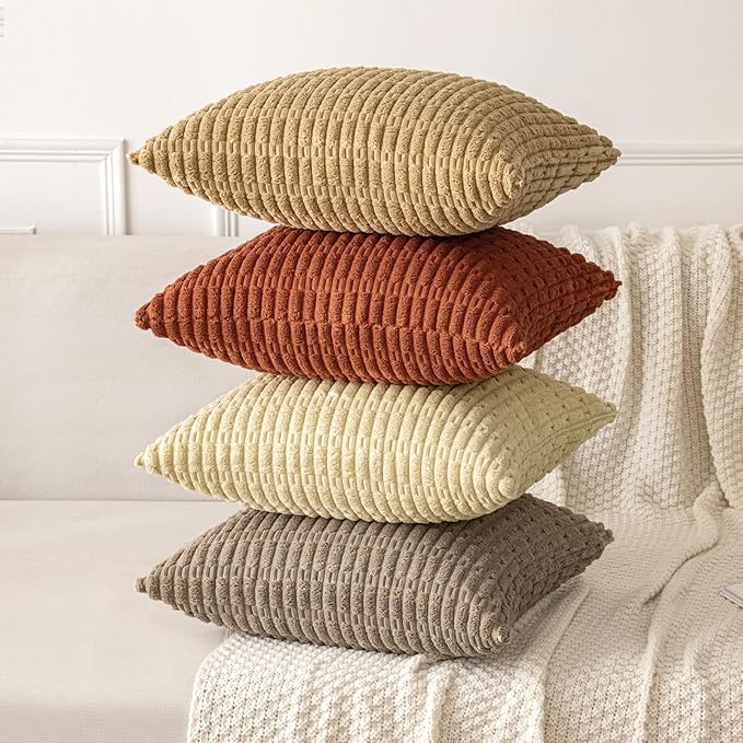 MIULEE Pack of 2 Dark Rust Corduroy Decorative Euro Sham Pillow Covers 22x22 Inch Soft Boho Striped Throw Pillow Covers Modern Farmhouse Home Decor for Summer Sofa Living Room Couch Bed