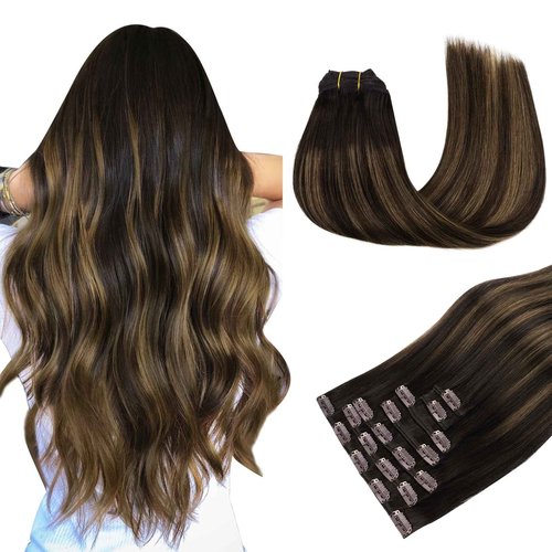 MAXITA Human Hair Clip in Extensions,120g 18 Inch 7pcs, Balayage Dark Brown Mixed Chestnut Brown Hair Extensions Clip in Human Hair Remy Hair Extensions Natural Straight Thick Hair
