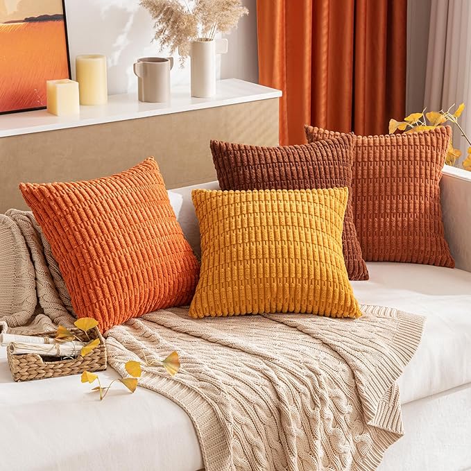 MIULEE Pack of 2 Dark Rust Corduroy Decorative Euro Sham Pillow Covers 24x24 Inch Soft Boho Striped Throw Pillow Covers Modern Farmhouse Home Decor for Summer Sofa Living Room Couch Bed