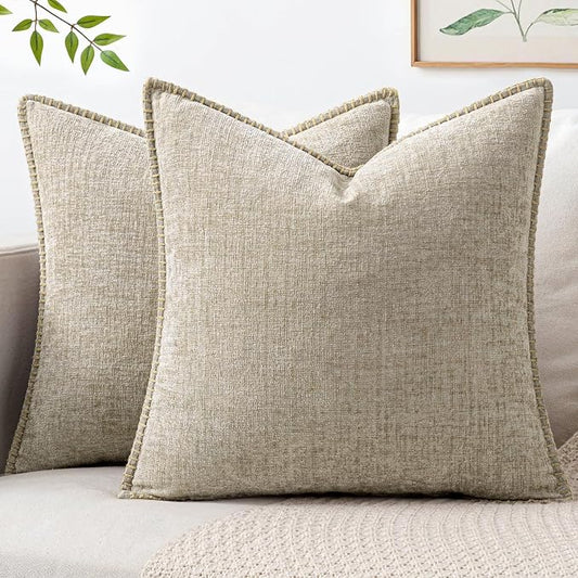MIULEE Pack of 2 Couch Throw Pillow Covers 20x20 Inch Light Taupe Farmhouse Decorative Pillow Covers with Stitched Edge Soft Chenille Solid Dyed Spring Pillow Covers for Sofa Bed Living Room
