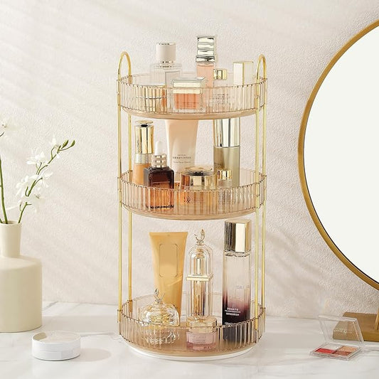 Aveniee Rotating Makeup Organizer for Vanity, Premium Solid Metal Pole Sturdy Construction, Perfume Storage for Bathroom Countertop, Clear Spinning Counter Shelf Cosmetic Holder for Dresser,Gold
