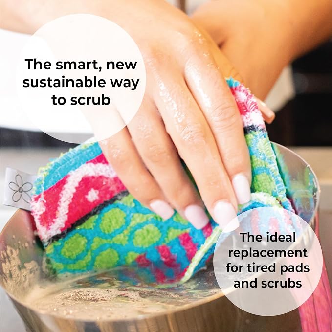 Skoy Scrub, 4-Pack Reusable, Non-Scratching Dish Scrubber for Kitchen and Household Cleaning, Planet-Friendly, Dishwasher Safe Soft Scrub, Assorted Colors and Designs