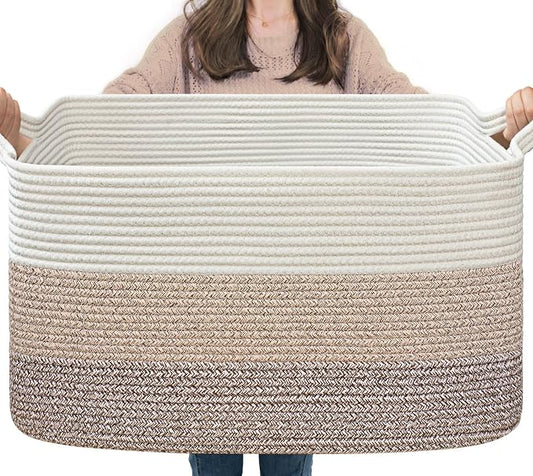 Goodpick Large Woven Storage Basket, 21.6" x 14.9" x 11.8" Rectangle Rope Baskets for Toy Storage, Blanket Basket for Living Room, Bedroom, Light Brown