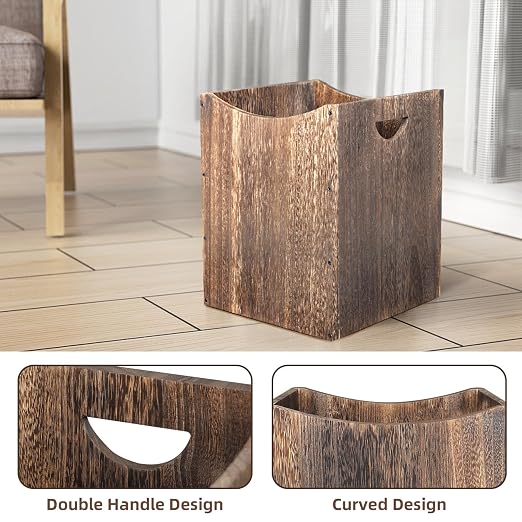 2 Pack Large Wooden Trash Can 9 Gal Curved Design Office Waste Basket, Square Farmhouse Garbage Can, Brown Vintage Wood Trash Can Storage Basket With Handles for Bedroom Office Living Room Decorative
