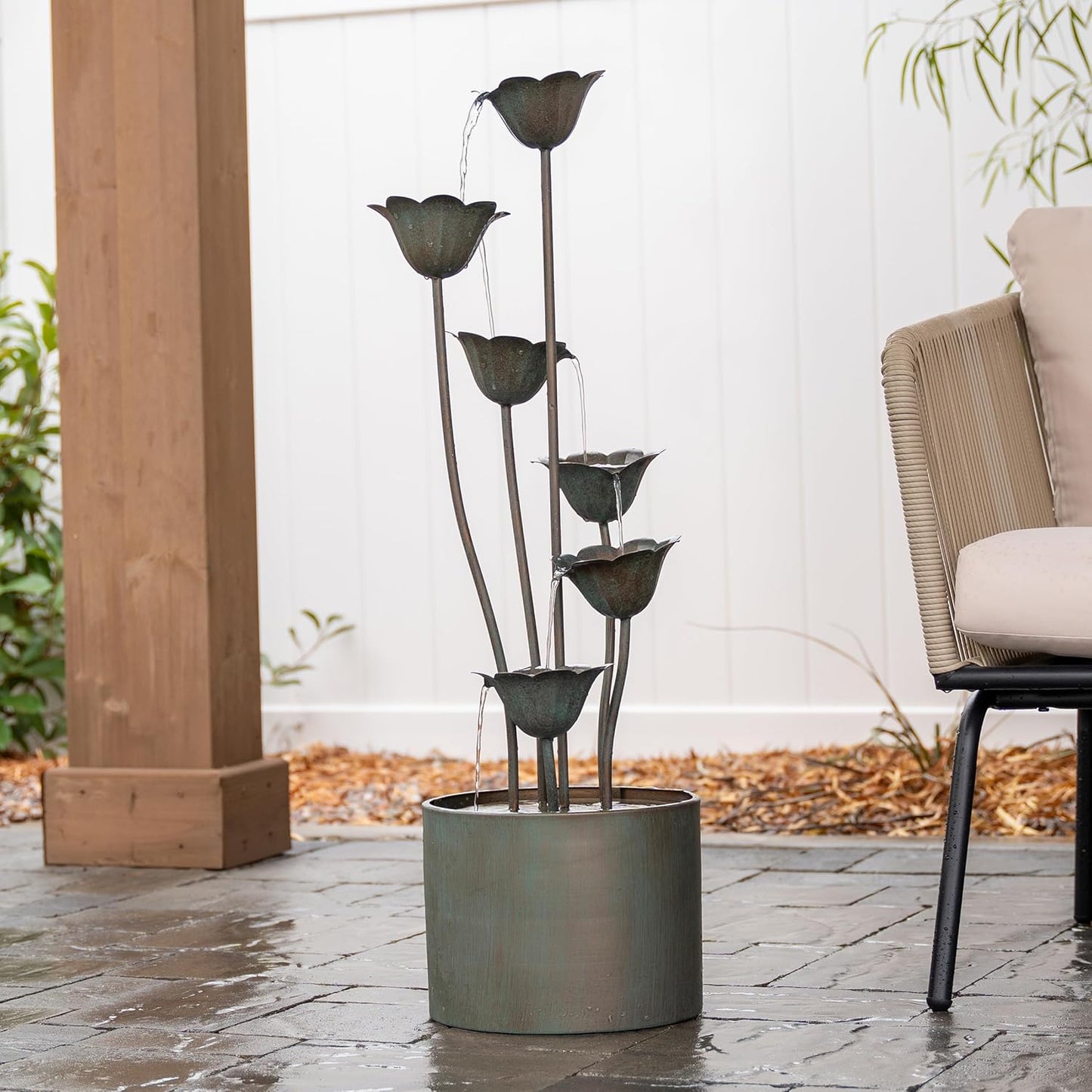 XBrand Freestanding Sculptural Metal Multi-Tiered Flower Water Fountain, No LED Lights, Silver, 35" Tall