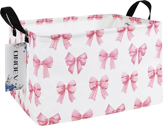 Rectangular Pink Bow Storage Basket,Collapsible Storage Bin for Nursery,Cute Bow Toy Storage Organizer for Kids Girls,for Home,Bedroom,Playroom,Closet,New Parent Gift(Pink Knot)