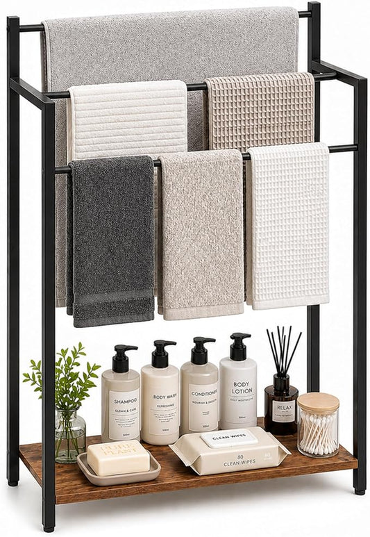 24.8" W Freestanding Towel Rack, 3 Tier Blanket Ladder Stand with Rustic Brown Wooden Shelf for Bathroom Living Room