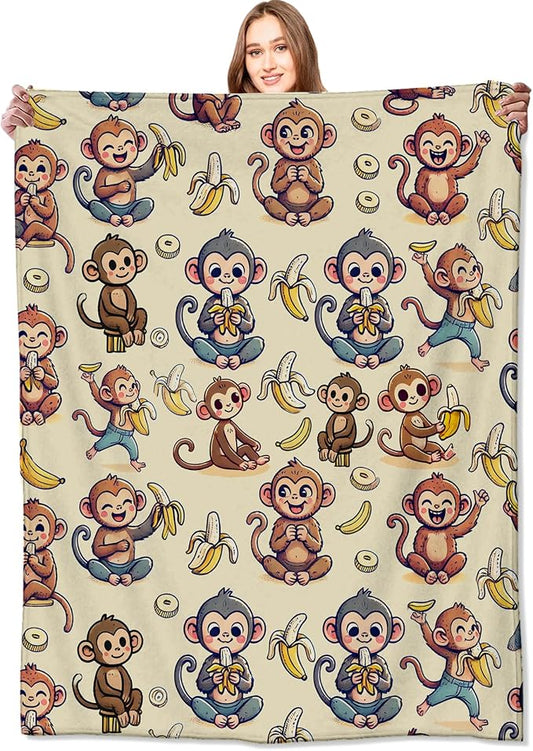 Monkey and Banana Blanket,Fun Cartoon Jungle Theme Throw Blankets,Birthday Gifts for Kids & Animal Lovers,Lightweight Soft Fleece,for Picnic Sofa Couch Bed Room Travel,Modern Decor,60x80in