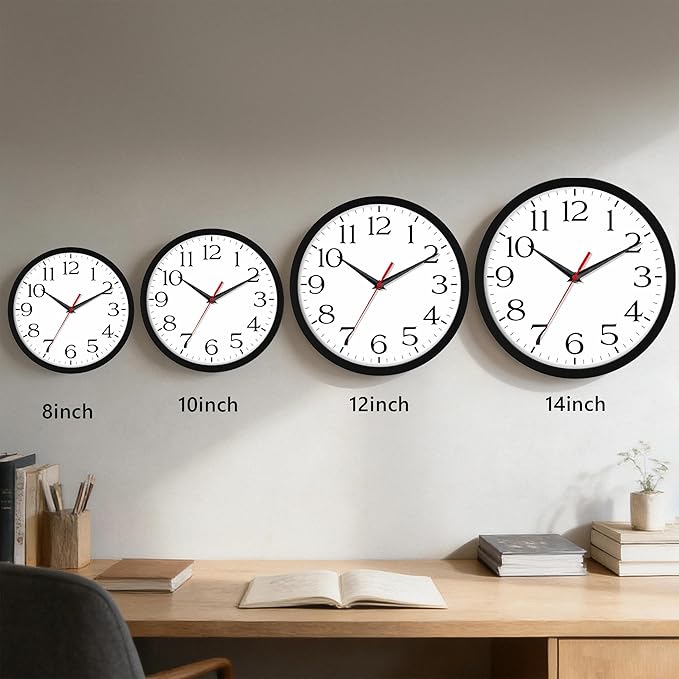 DAXSMY 10 Inch Wall Clock - Battery Operated, Silent Non-Ticking Analog Sweep Movement - Easy to Read Numbers for Home, Office, Kitchen, Classroom (Black)
