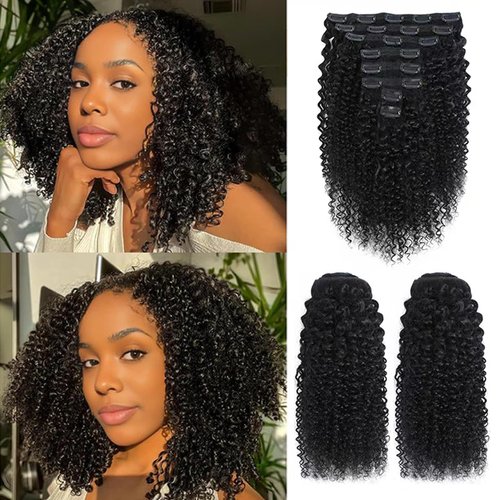 Geogroket Kinky Curly Clip in Hair Extensions for Women 3C 4A Kinky Curly Clip ins 10A Brazilian Virgin Human Hair Extensions 16pcs 240g/set 18 Inch Natural Black