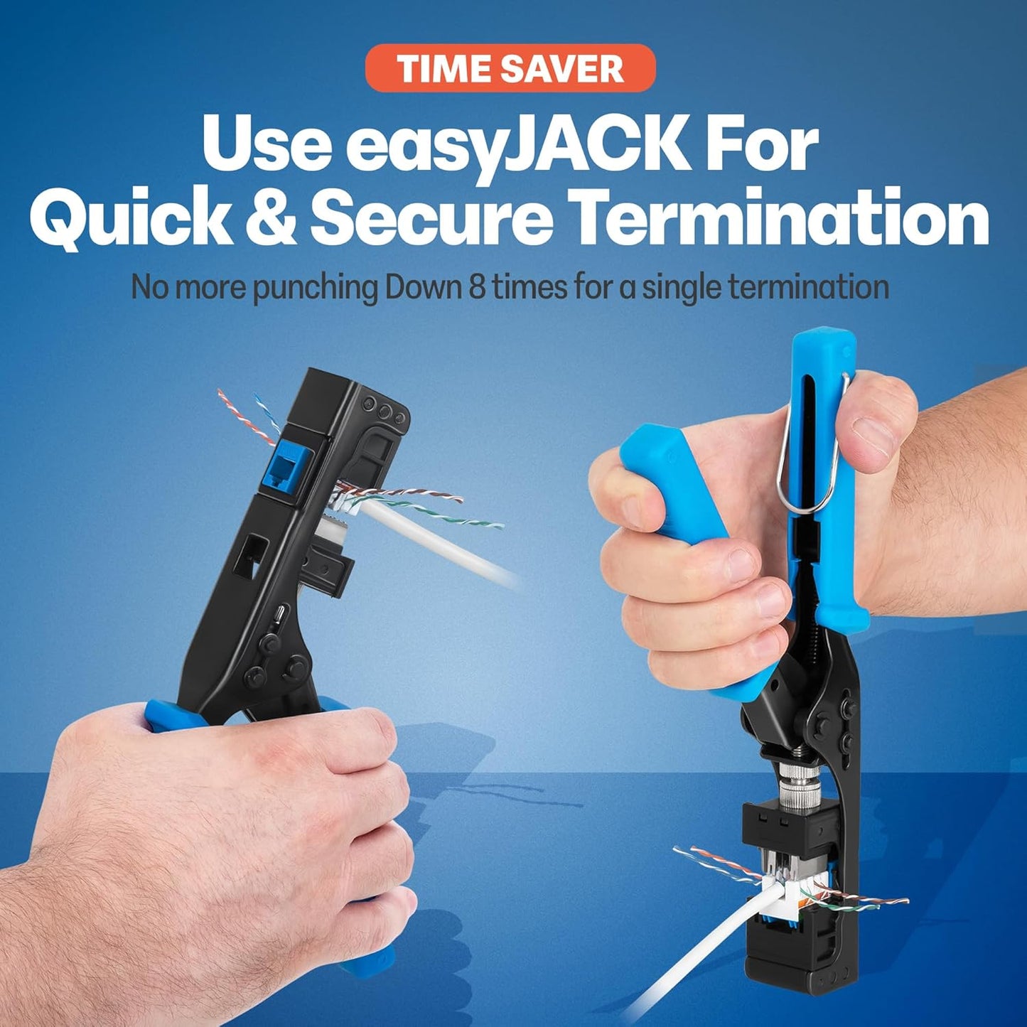 Everest easyJACK - 90° Angled Speed Termination Keystone Tool Set - with 20-Pack of RJ45 Slim Profile Cat6A Keystone Jacks (10 Blue & 10 White) - Time Saver Network Cat6 Punchdown Tool