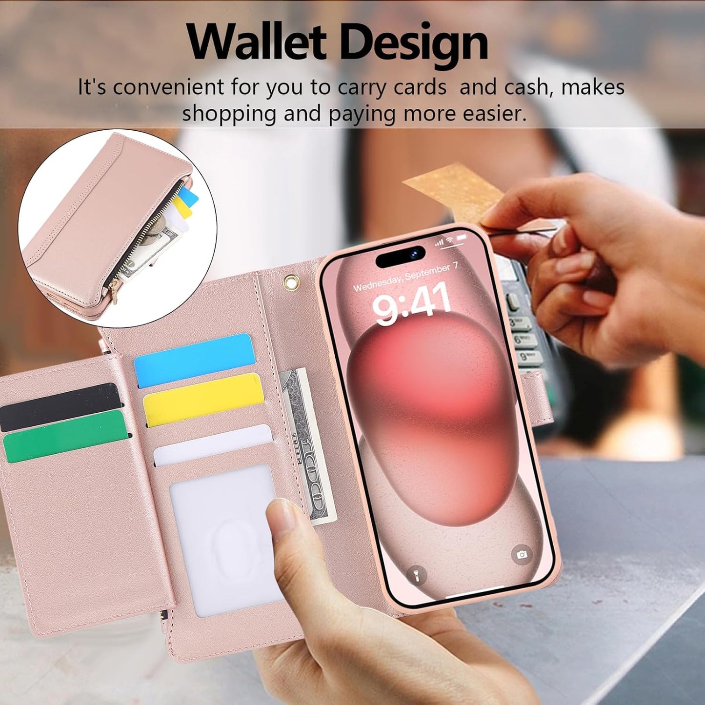 Compatible with iPhone 15 Pro Max Wallet Phone Case-PU Leather Magnetic Flip Cover with Credit Card Slots,Zipper Pocket & Detachable Wrist Strap,Shockproof Design,for Women and Men-Pink
