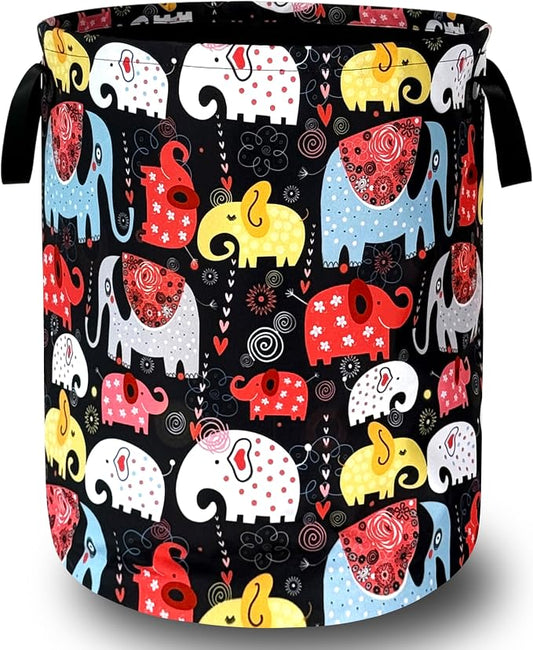 Colorful Elephant Laundry Basket Foldable With Handles Boho Animal Tote Bag Oxford Cloth Funny Laundry Hamper Clothes Storage Bucket Toy Organizer 18.9"x16.5" For Bathroom/Laundry/Bedroom