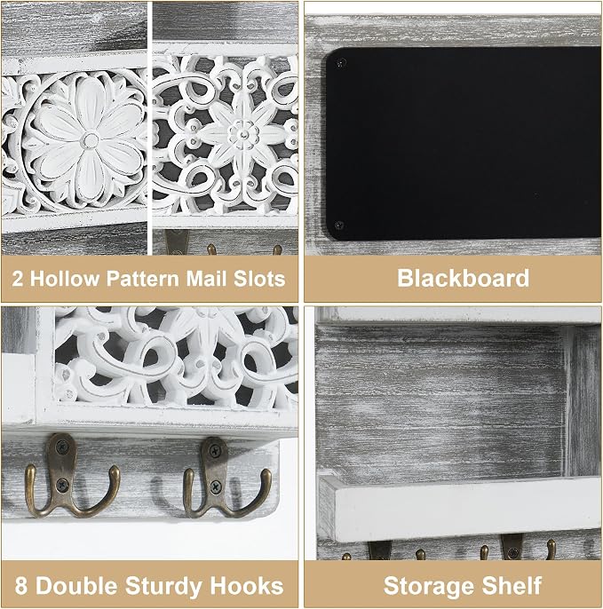 Mail Organizer Wall Mounted, 2 Slots Key Holder for Wall with 8 Hooks, Rustic Wood Key Rack with Shelf for Entryway Hallwall Farmhouse