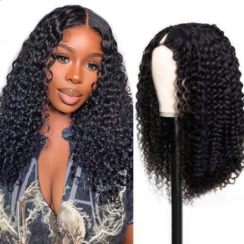 Wosama V Part Wig Human Hair curly Upgrade U Part Wig for Black Women Kinky curly Glueless Clip In Half Wig No Leave Out Wigs 180% Natural Color 20inch
