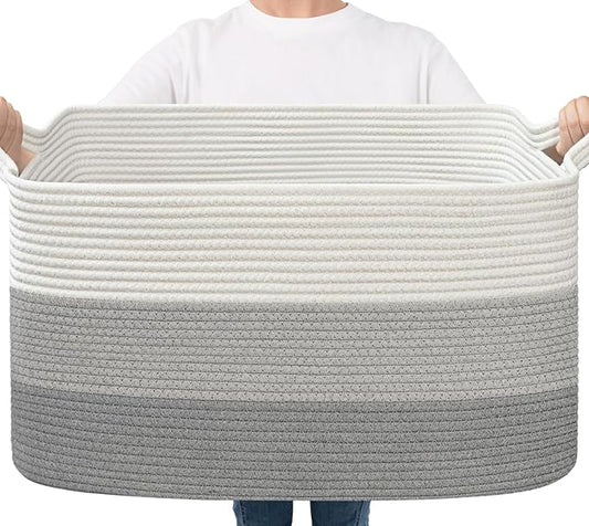 Goodpick Storage Basket, 21.6" x 14.9" x 11.8", Blanket Basket for Living Room, Large Woven Baskets for Storage, Toy Organizer, Rectangle Rope Baskets for Organizing, Gray