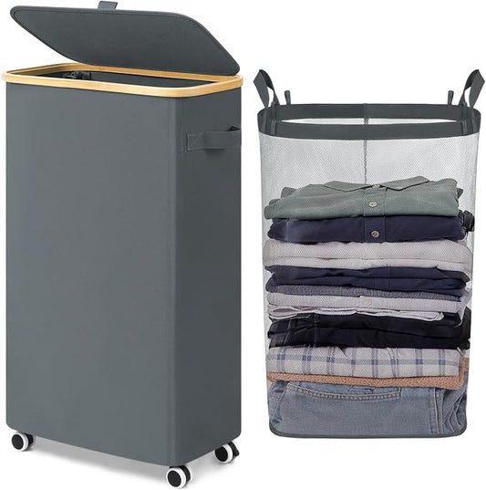 Goodpick Slim Laundry Basket with Wheels and Lid, 75L Rolling Dirty Clothes Hamper for Dorm Bathroom, Large Laundry Hamper with Bamboo Frame Removable Bag, 17" x 9.8" x 29.5", Gray