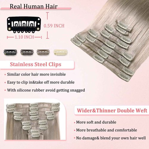 Clip in Hair Extensions Real Human Hair Clip in Extensions for Women Seamless Invisible Light Grey Natural Remy 100% Human Clips ins Extension 8pcs Double Weft 20 inch 3.7oz/105g