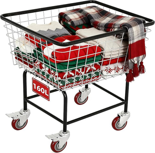 4.5-Bushel Rolling Laundry Cart with Wheels Durable Metal Wire Laundry Basket Heavy-Duty Large Steel Storage Basket with Galvanized Finish, for Commercial or Home Laundry Use